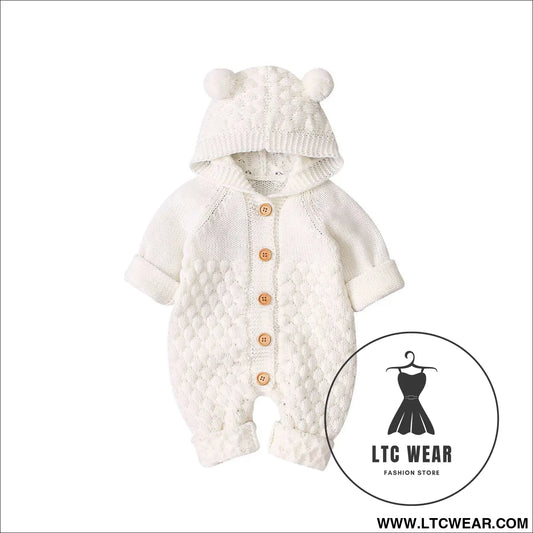 Children’s three-dimensional fur ball hooded solid color knitted jumpsuit - beige / 66cm