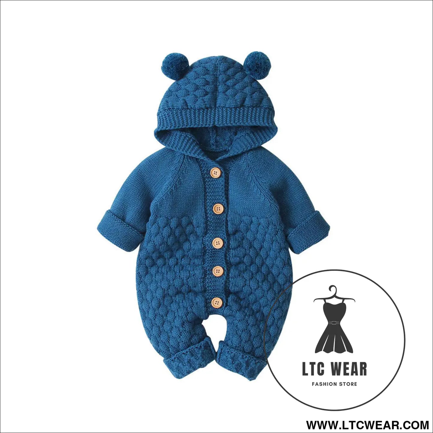 Children’s three-dimensional fur ball hooded solid color knitted jumpsuit - dark blue / 66cm