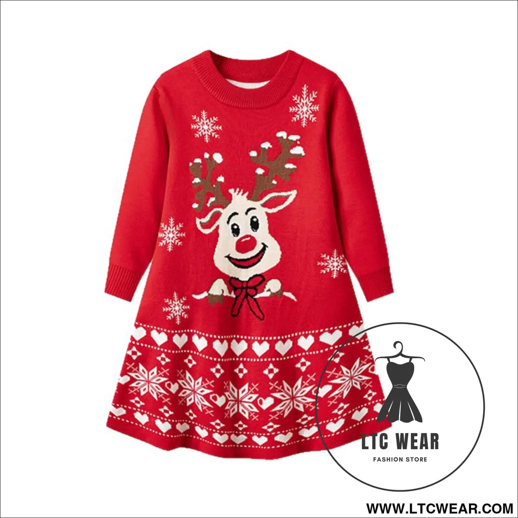 Christmas cartoon deer fur dress children’s pullover knitted dress