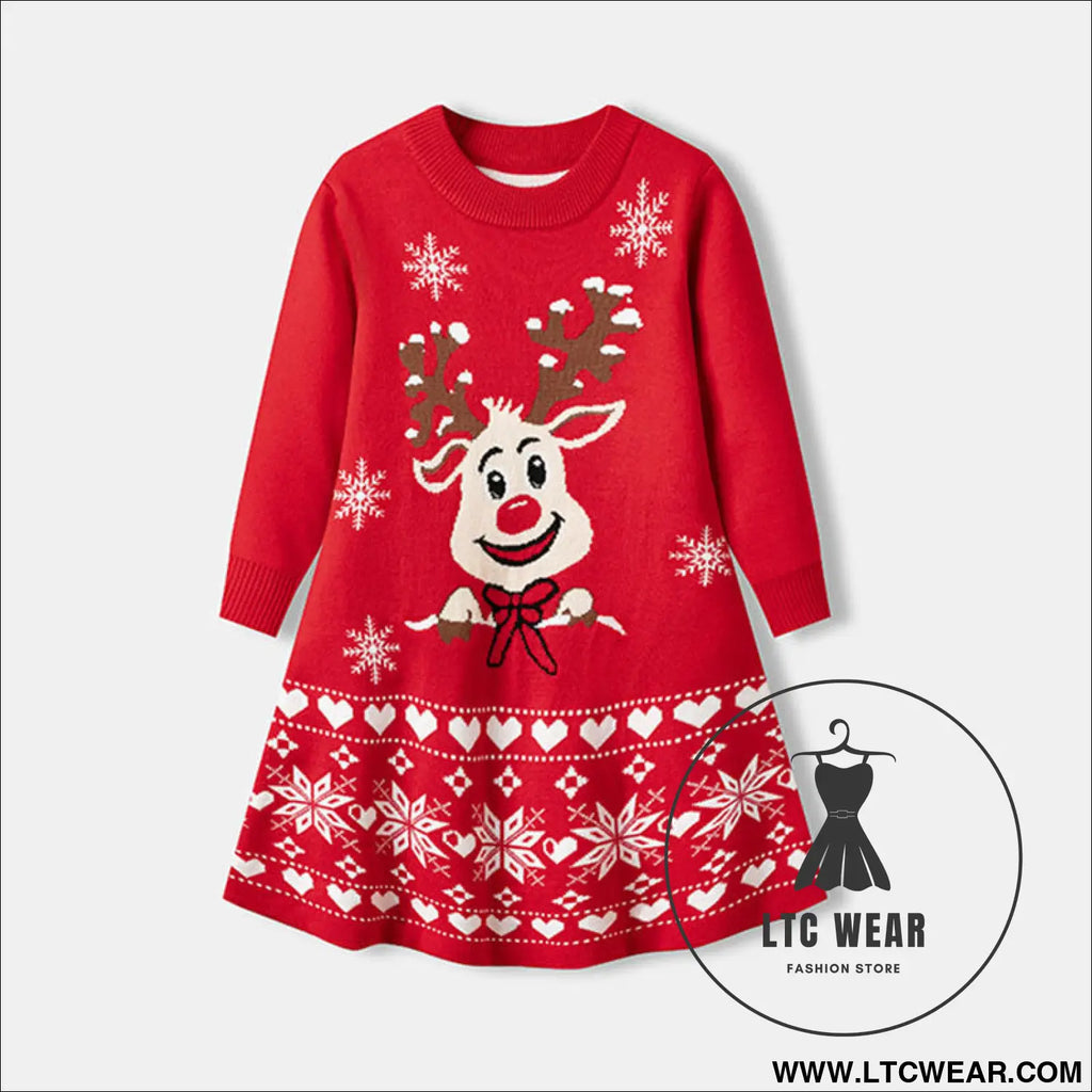 Christmas cartoon deer fur dress children’s pullover knitted dress - red / 2y
