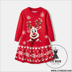 Christmas cartoon deer fur dress children’s pullover knitted dress - red / 2y