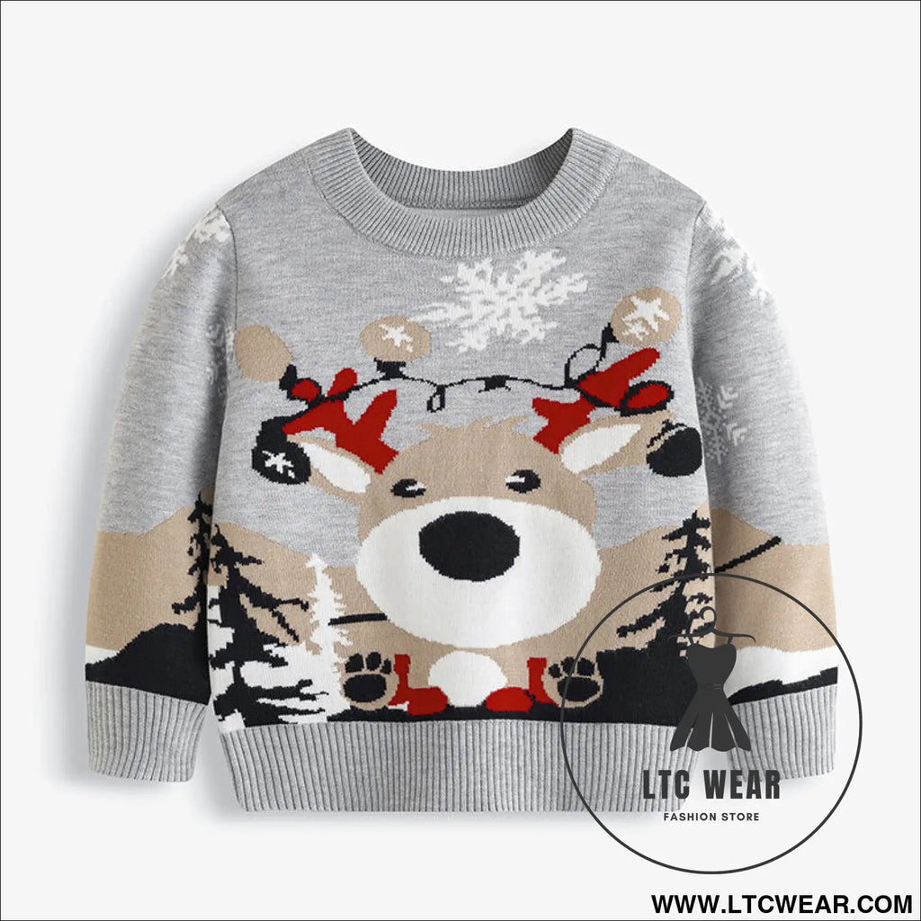 Christmas cartoon deer sweater baby base pullover knit sweater - gray / 3y(90cm）