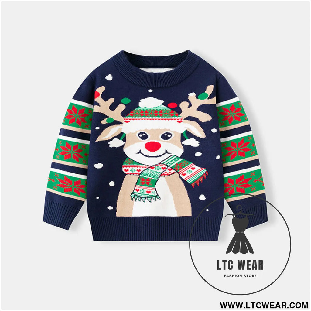 Christmas cartoon reindeer pullover baby base knitted sweater - royal blue / 3y(90cm）