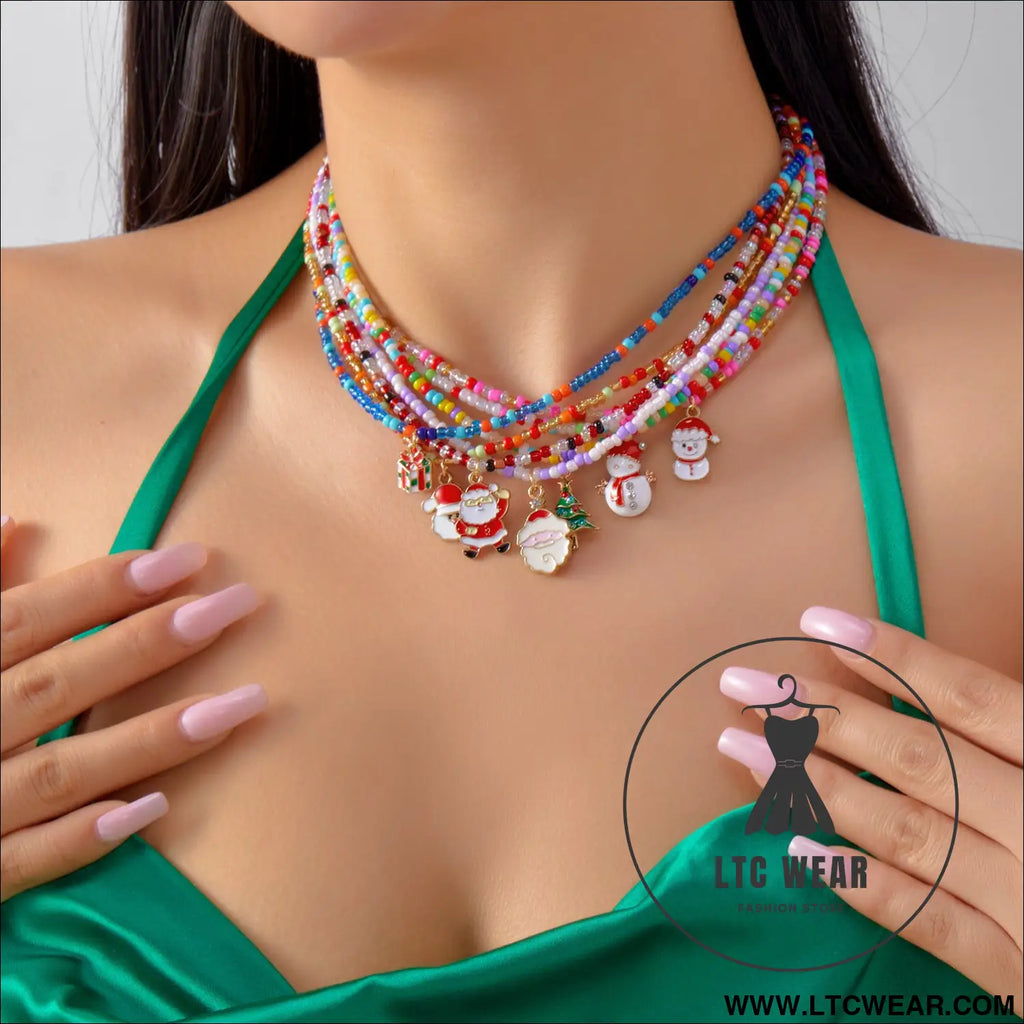 Christmas cartoon santa bell snowman snowflake pendant colorful seed bead necklace for women