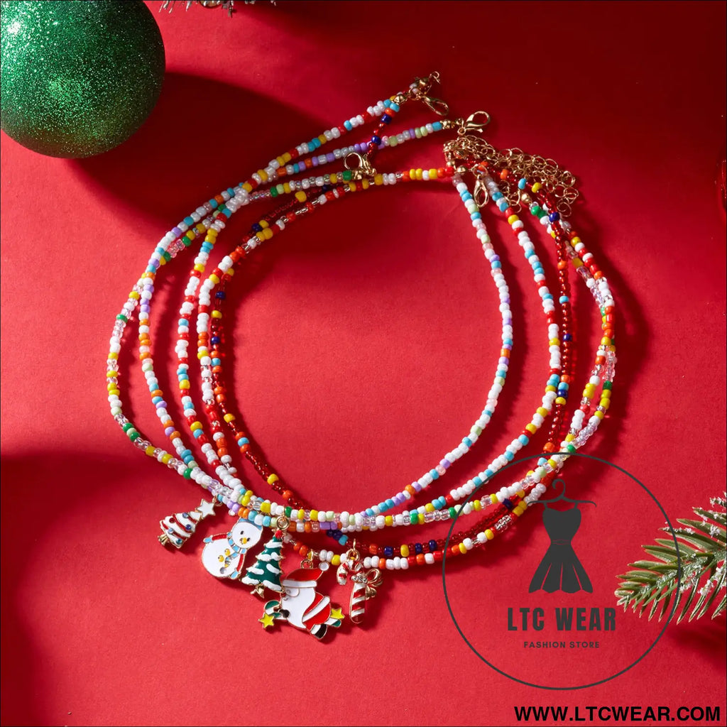 Christmas cartoon santa bell snowman snowflake pendant colorful seed bead necklace for women - christmas necklace