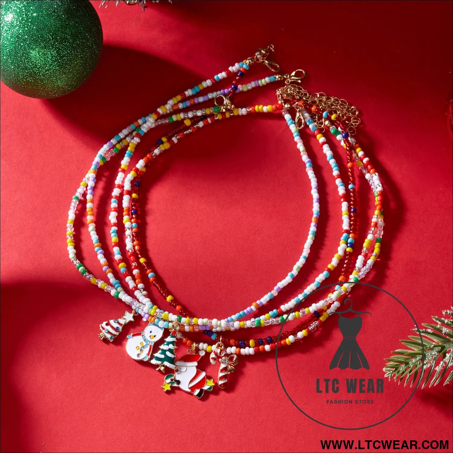 Christmas cartoon santa bell snowman snowflake pendant colorful seed bead necklace for women - christmas necklace