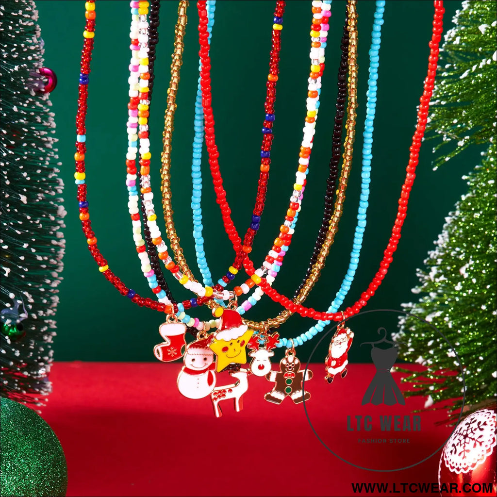 Christmas cartoon santa bell snowman snowflake pendant colorful seed bead necklace for women