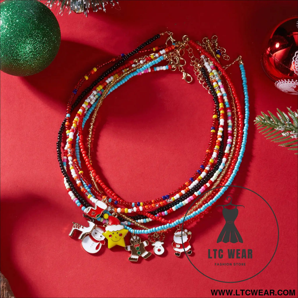 Christmas cartoon santa bell snowman snowflake pendant colorful seed bead necklace for women - christmas necklace