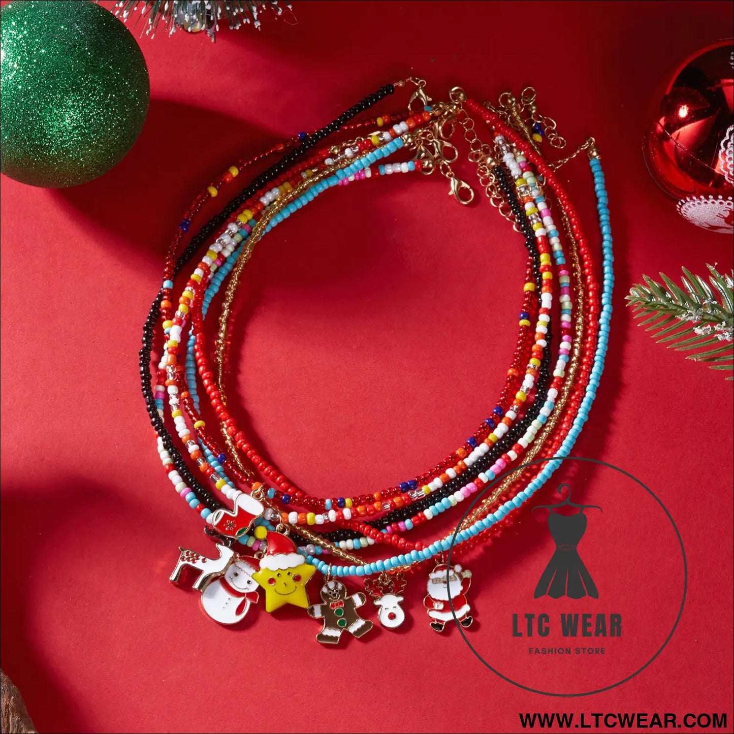 Christmas cartoon santa bell snowman snowflake pendant colorful seed bead necklace for women - christmas necklace
