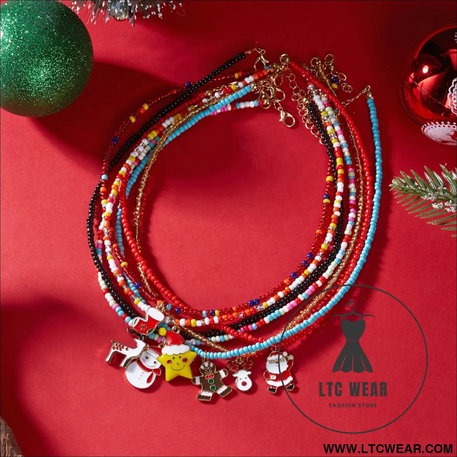 Christmas cartoon santa bell snowman snowflake pendant colorful seed bead necklace for women - christmas necklace