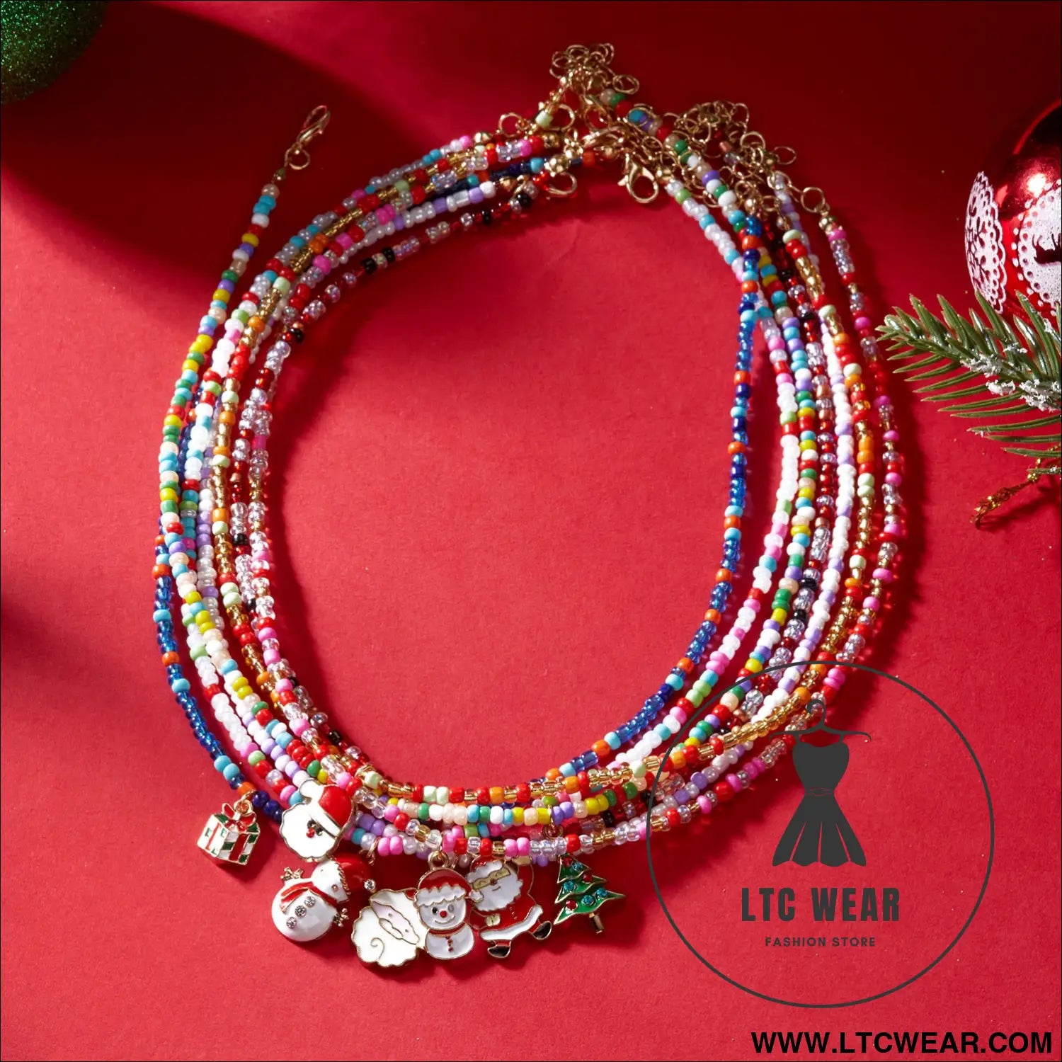 Christmas cartoon santa bell snowman snowflake pendant colorful seed bead necklace for women - christmas necklace