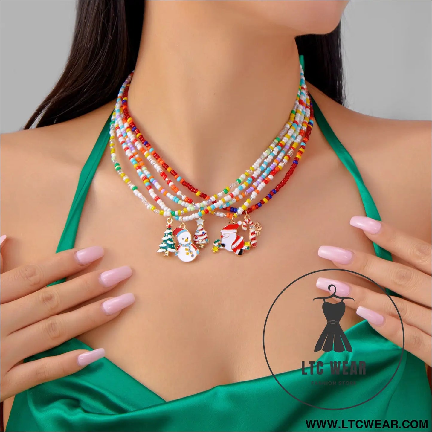 Christmas cartoon santa bell snowman snowflake pendant colorful seed bead necklace for women