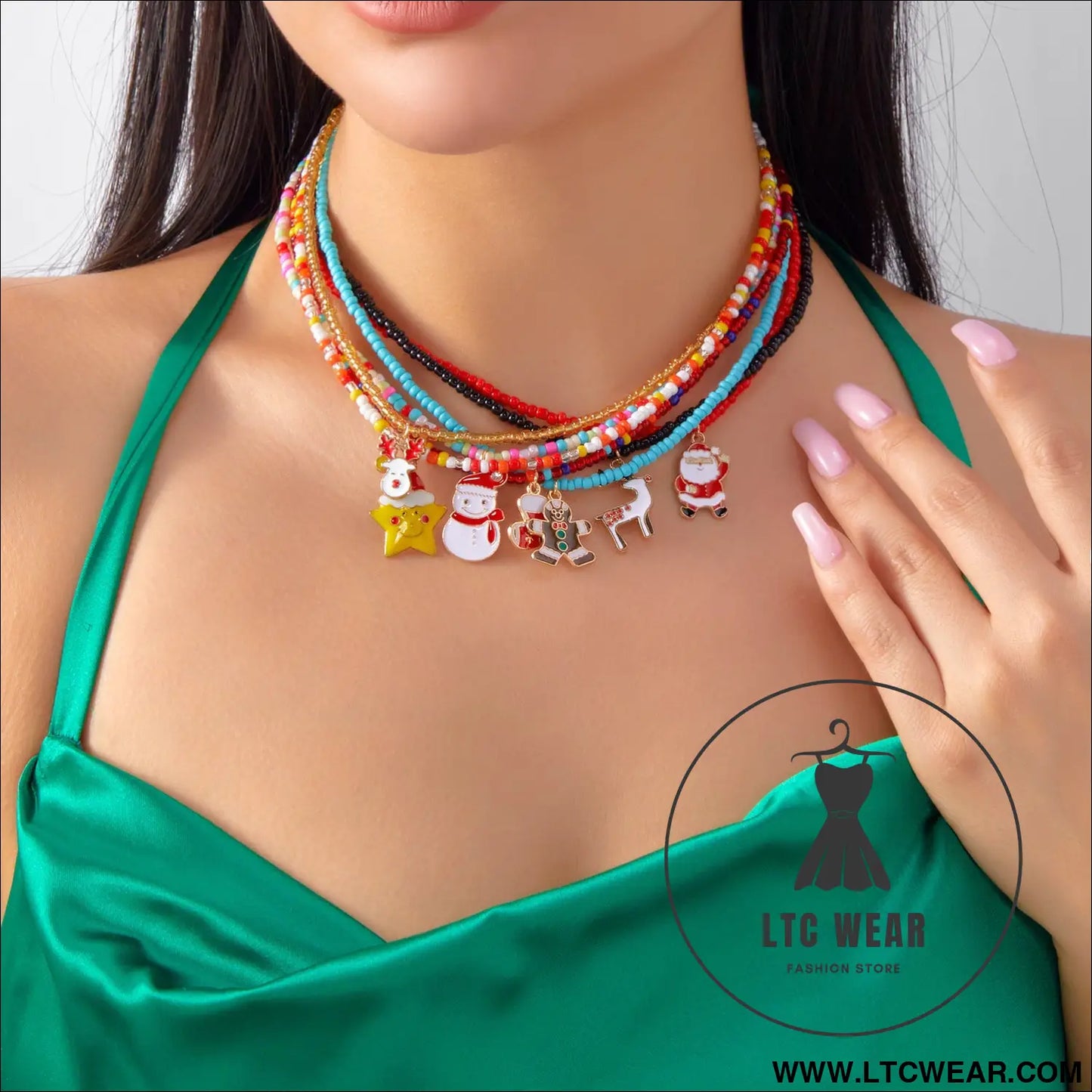 Christmas cartoon santa bell snowman snowflake pendant colorful seed bead necklace for women