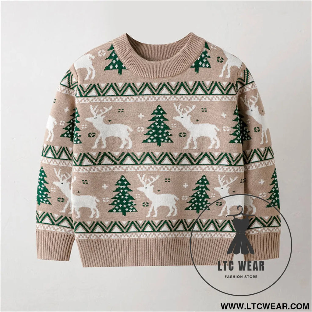 Christmas reindeer children’s pullover knitted sweater children’s clothing - apricot / 2y(90cm)
