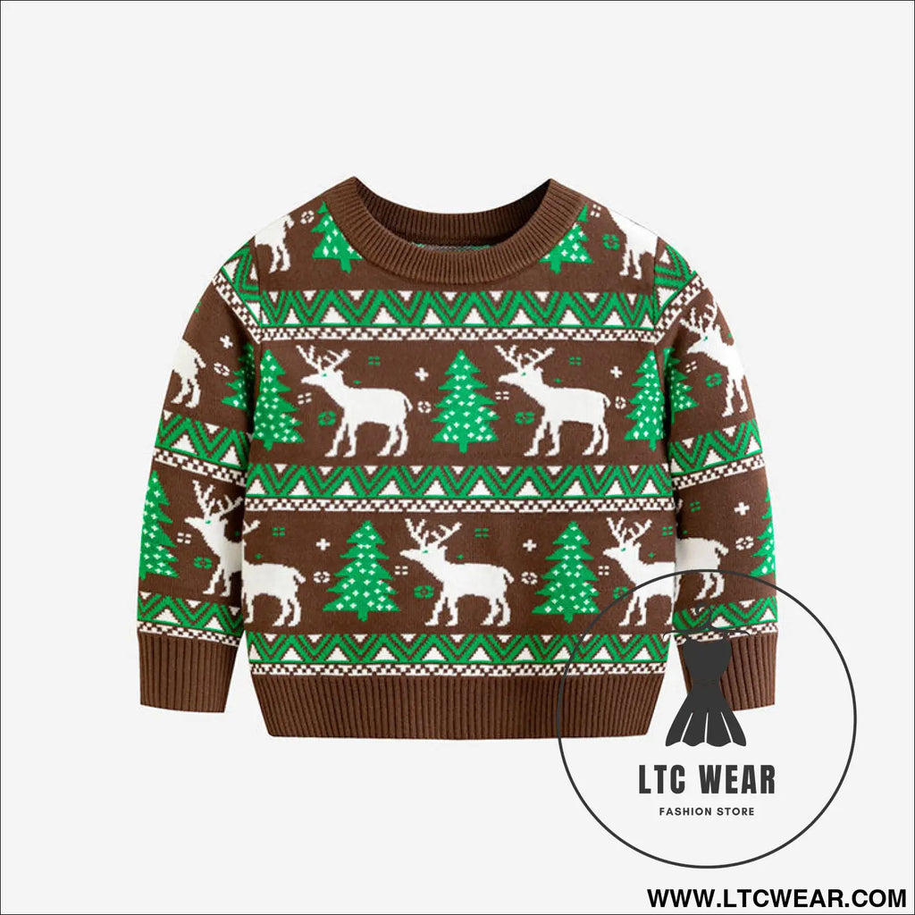 Christmas reindeer children’s pullover knitted sweater children’s clothing - dark brown / 2y(90cm)