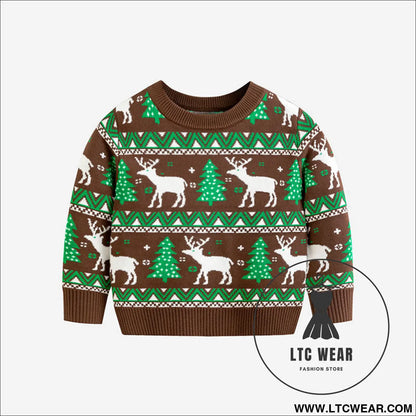 Christmas reindeer children’s pullover knitted sweater children’s clothing - dark brown / 2y(90cm)