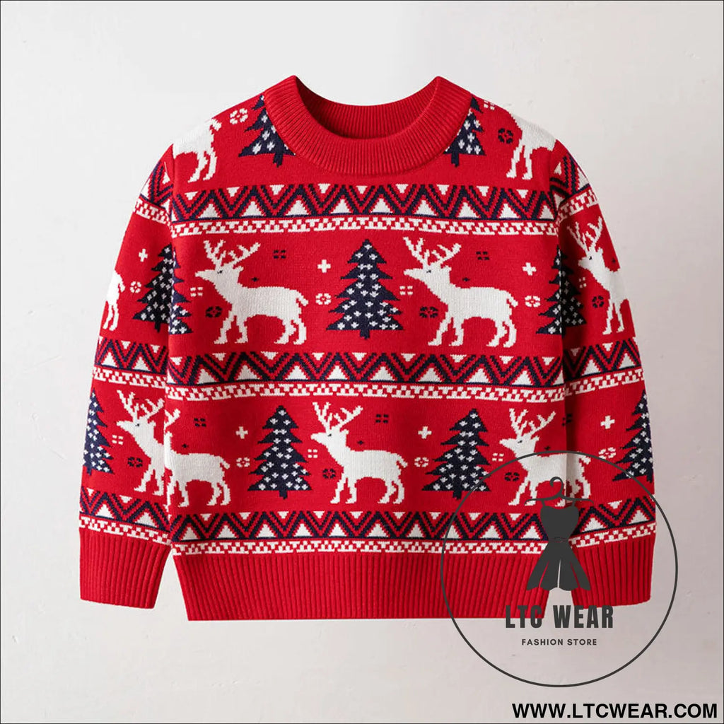 Christmas reindeer children’s pullover knitted sweater children’s clothing - red / 2y(90cm)