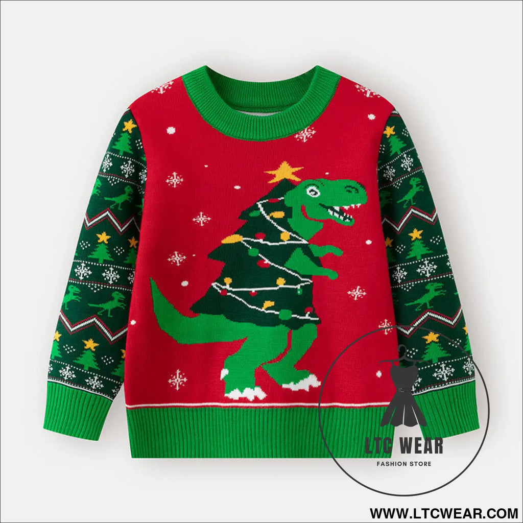 Christmas sweater baby cartoon dinosaur base pullover knit sweater - green / 3y(90cm）