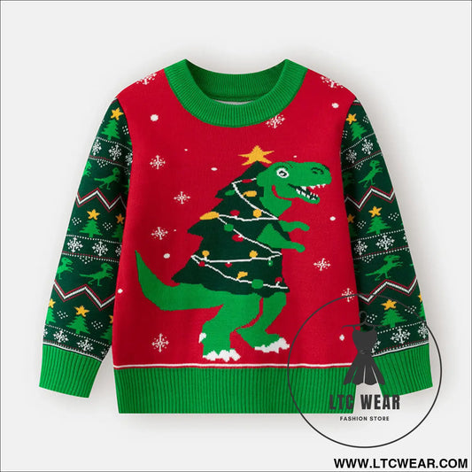 Christmas sweater baby cartoon dinosaur base pullover knit sweater - green / 3y(90cm）
