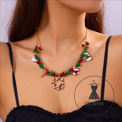 Christmas-themed necklace for women santa claus wreath rhinestone pendant christmas bell and tree sweater chain