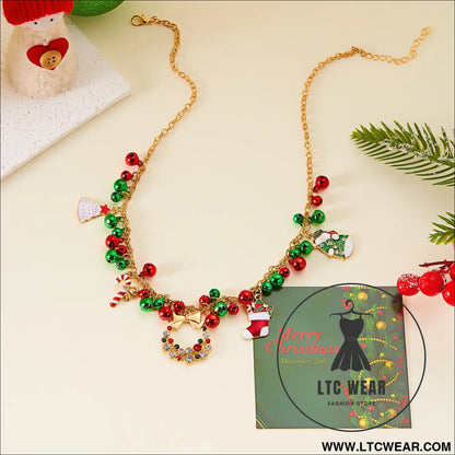 Christmas-themed necklace for women santa claus wreath rhinestone pendant christmas bell and tree sweater chain