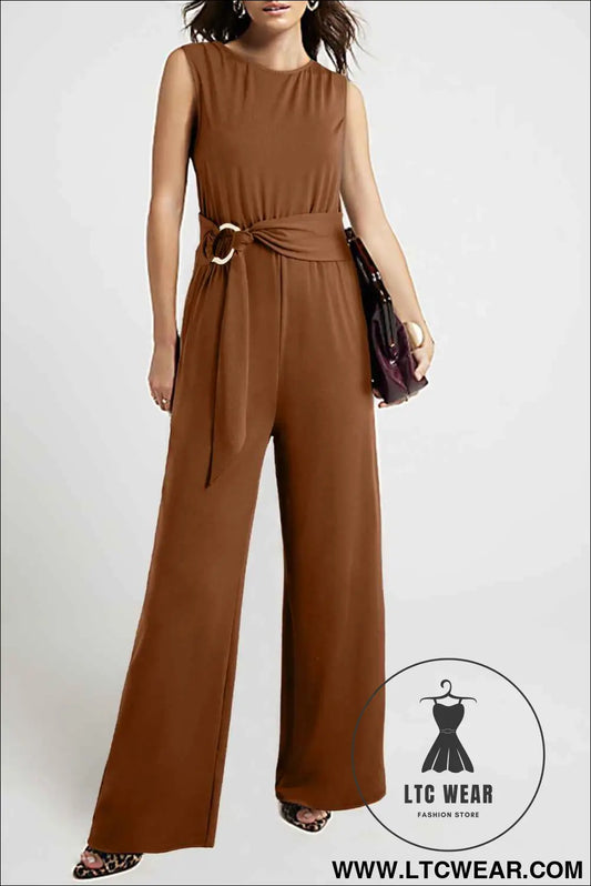 Clay Buckle Sash Detail Sleeveless Loose Jumpsuit