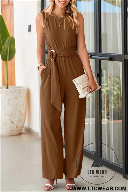 Clay Buckle Sash Detail Sleeveless Loose Jumpsuit