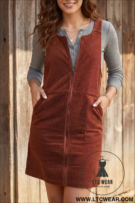 Clay Ribbed Corduroy Zip-Up Sleeveless Pocket Sheath Dress
