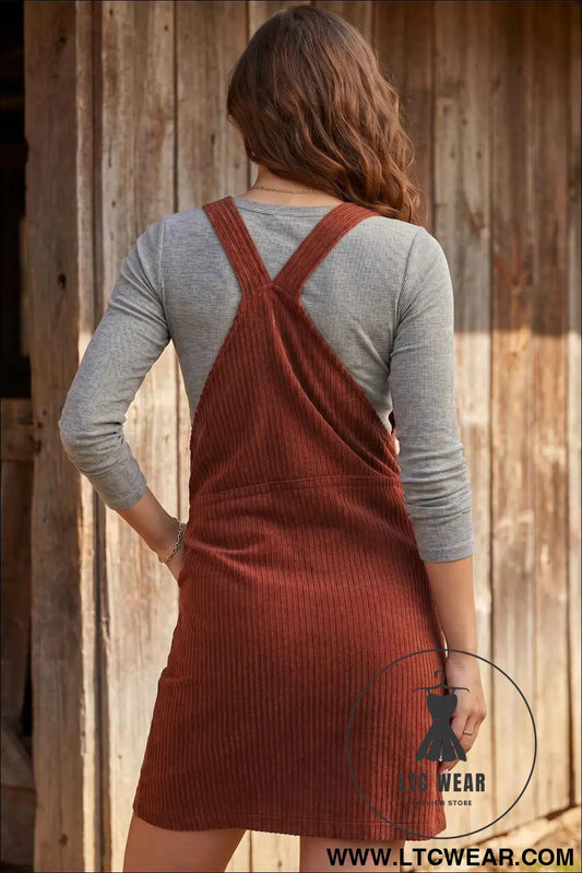 Clay Ribbed Corduroy Zip-Up Sleeveless Pocket Sheath Dress