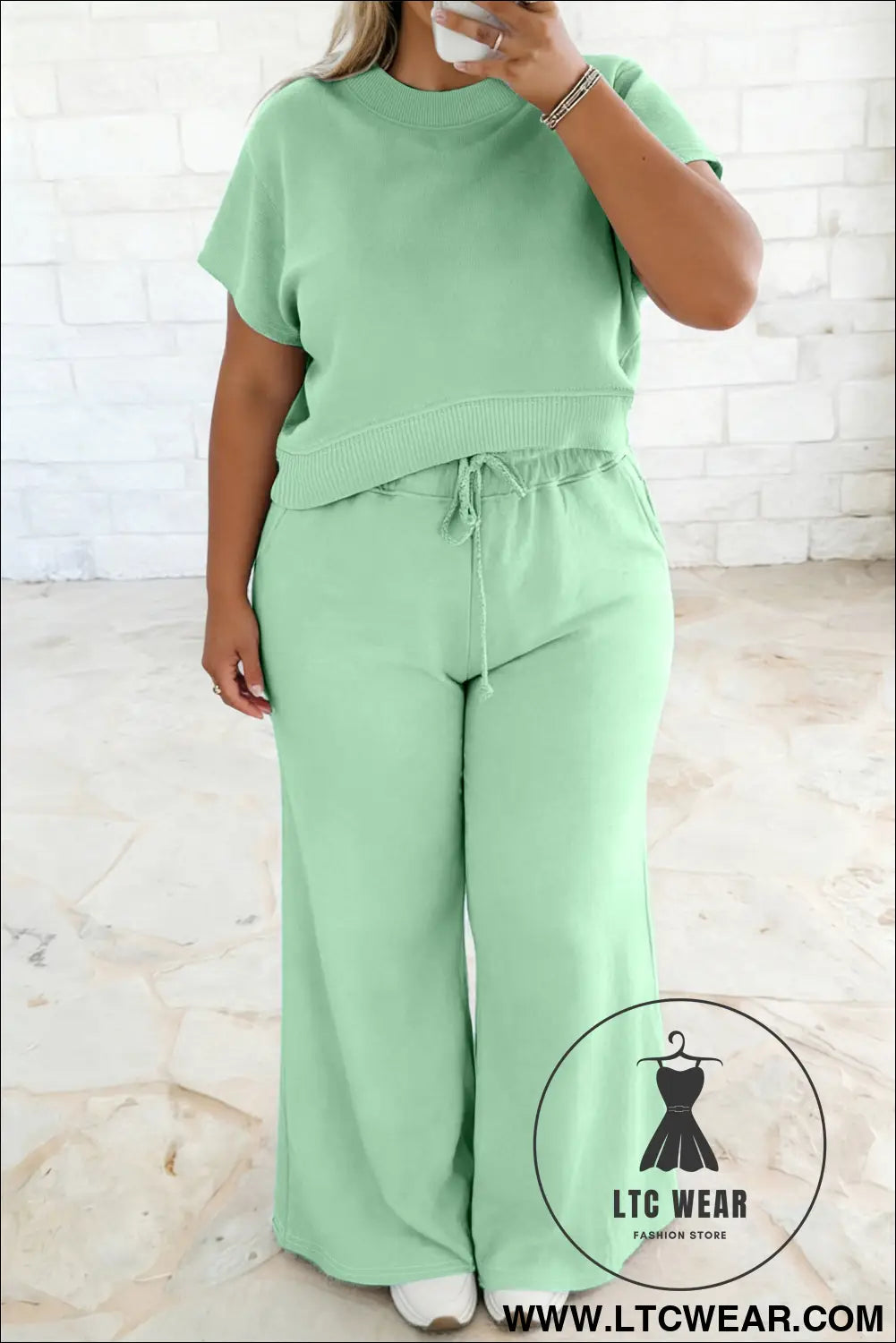 Clearly aqua solid color ribbed trim short sleeve top drawstring loose pants 2pcs outfit - clearly aqua / 1x / 80%