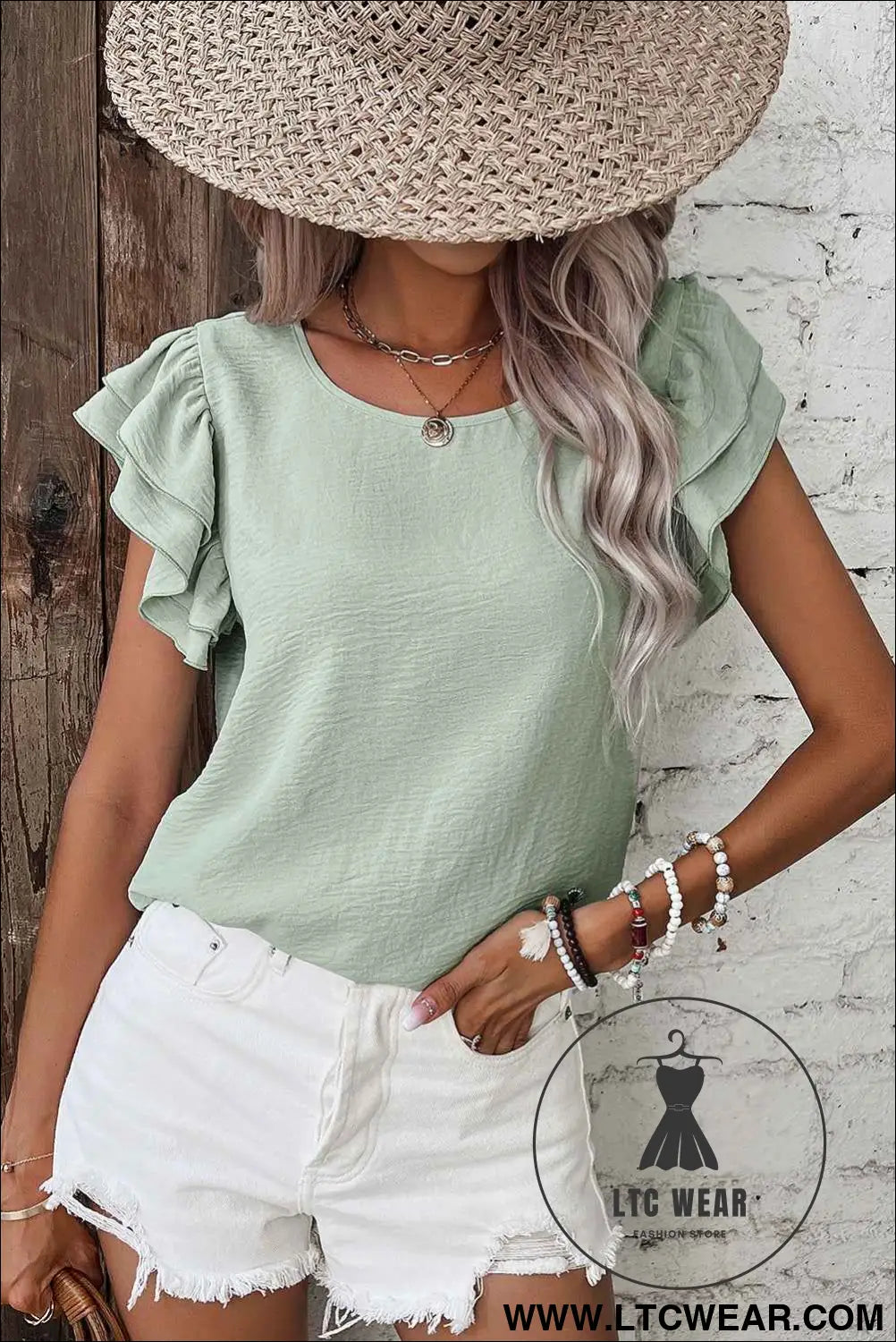 Clearly Aqua Solid Color Ruffle Sleeve Crinkled Blouse