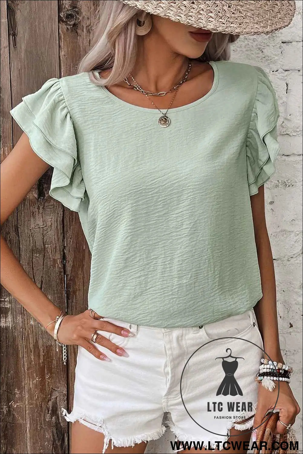 Clearly Aqua Solid Color Ruffle Sleeve Crinkled Blouse