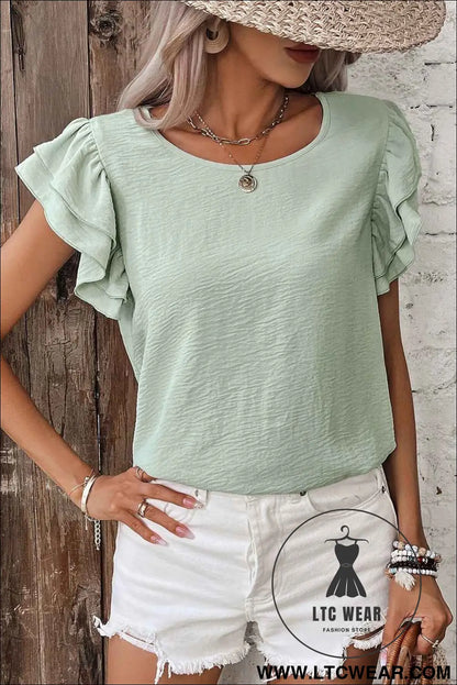 Clearly Aqua Solid Color Ruffle Sleeve Crinkled Blouse
