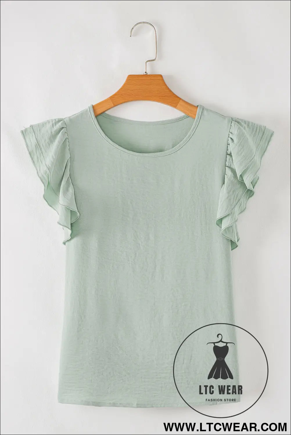 Clearly Aqua Solid Color Ruffle Sleeve Crinkled Blouse - L.T.C Wear Online Fashion Store