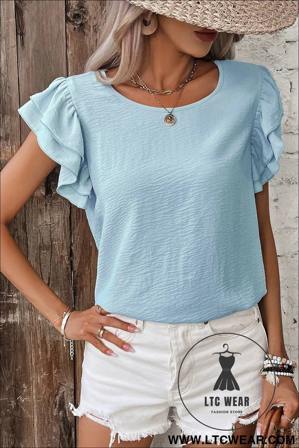 Clearly Aqua Solid Color Ruffle Sleeve Crinkled Blouse - L.T.C Wear Online Fashion Store