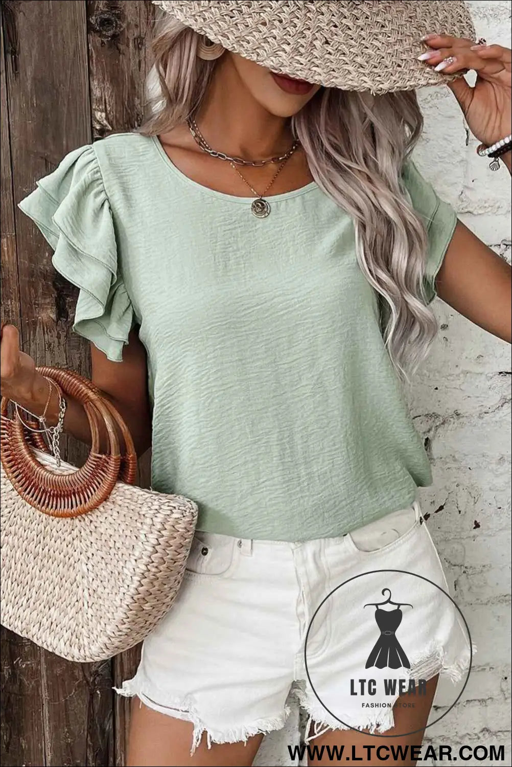 Clearly Aqua Solid Color Ruffle Sleeve Crinkled Blouse