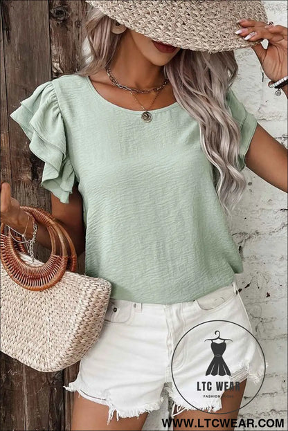 Clearly Aqua Solid Color Ruffle Sleeve Crinkled Blouse