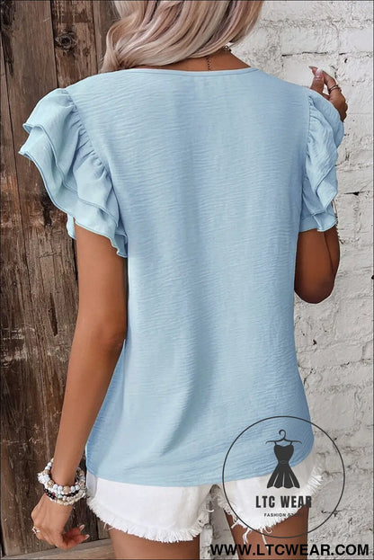 Clearly Aqua Solid Color Ruffle Sleeve Crinkled Blouse - L.T.C Wear Online Fashion Store