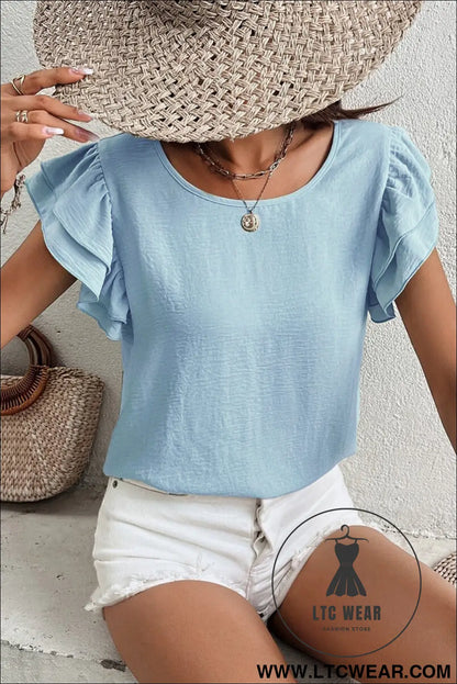 Clearly Aqua Solid Color Ruffle Sleeve Crinkled Blouse - L.T.C Wear Online Fashion Store