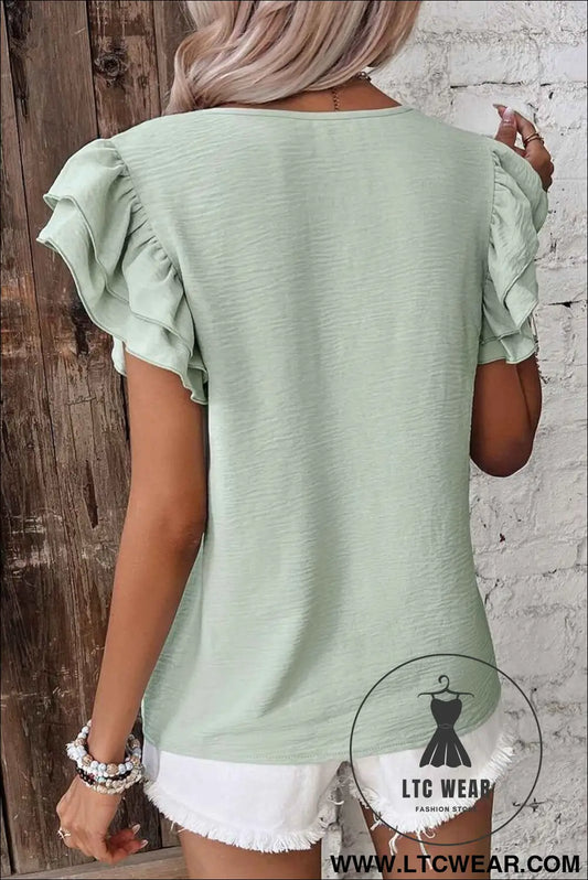 Clearly Aqua Solid Color Ruffle Sleeve Crinkled Blouse