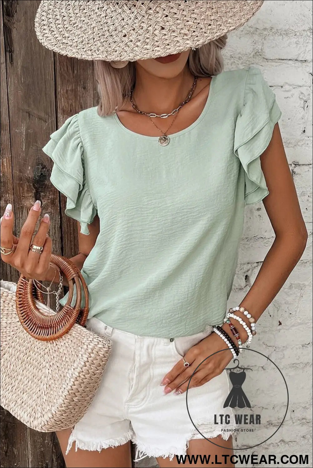 Clearly Aqua Solid Color Ruffle Sleeve Crinkled Blouse - L.T.C Wear Online Fashion Store