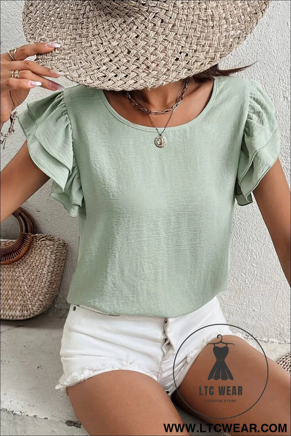 Clearly Aqua Solid Color Ruffle Sleeve Crinkled Blouse - L.T.C Wear Online Fashion Store