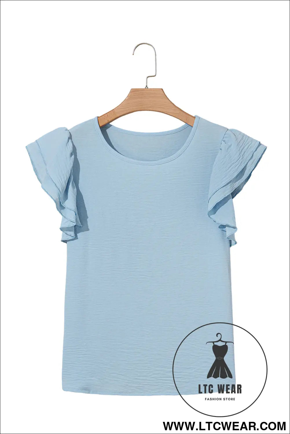 Clearly Aqua Solid Color Ruffle Sleeve Crinkled Blouse - L.T.C Wear Online Fashion Store