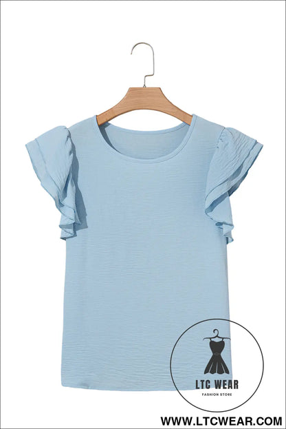 Clearly Aqua Solid Color Ruffle Sleeve Crinkled Blouse - L.T.C Wear Online Fashion Store