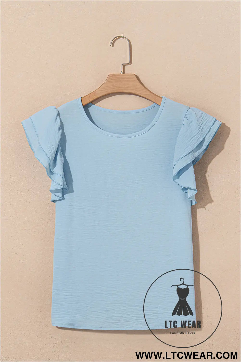 Clearly Aqua Solid Color Ruffle Sleeve Crinkled Blouse - L.T.C Wear Online Fashion Store