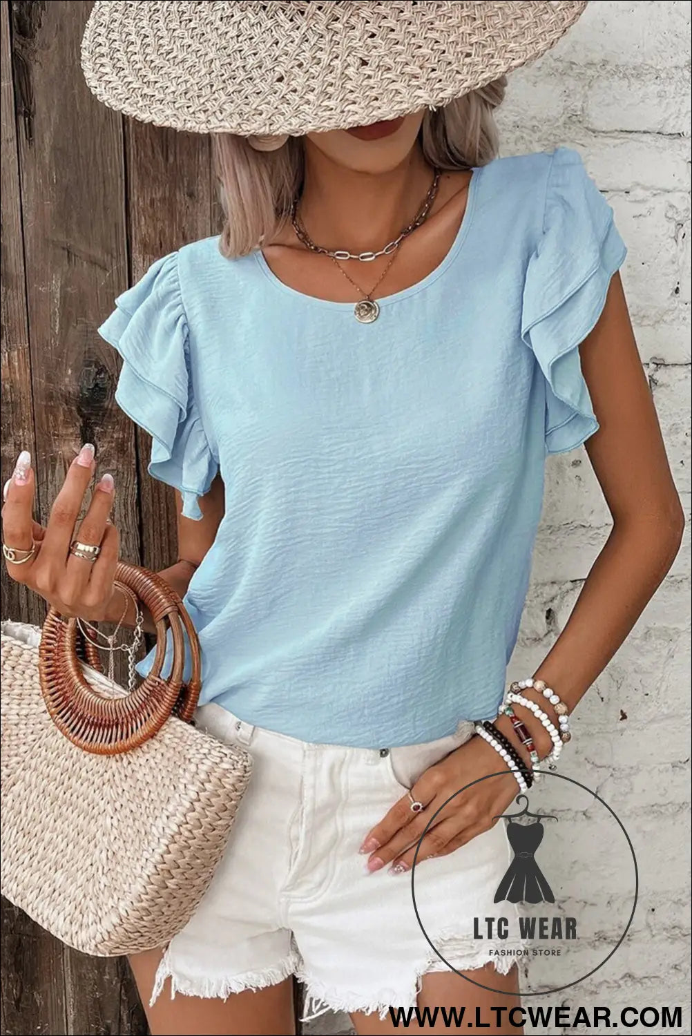 Clearly Aqua Solid Color Ruffle Sleeve Crinkled Blouse - L.T.C Wear Online Fashion Store