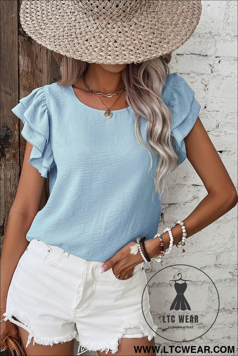 Clearly Aqua Solid Color Ruffle Sleeve Crinkled Blouse - L.T.C Wear Online Fashion Store