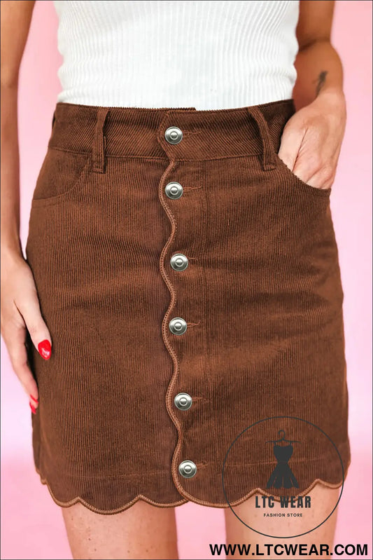 Coffee Button Front Corduroy Mini Pockets Sheath Silhouette Skirt