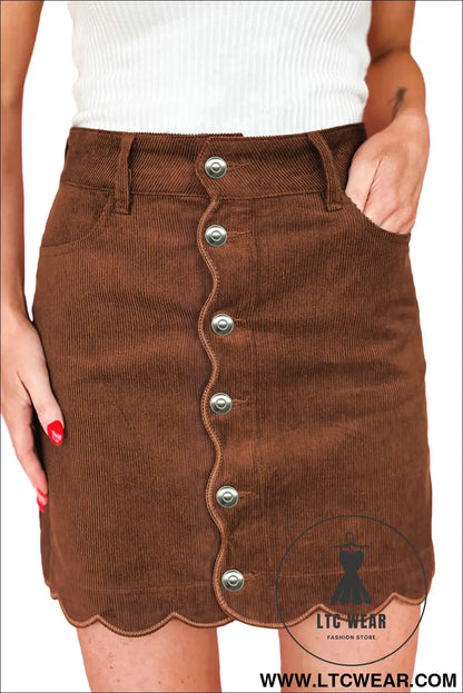 Coffee Button Front Corduroy Mini Pockets Sheath Silhouette Skirt