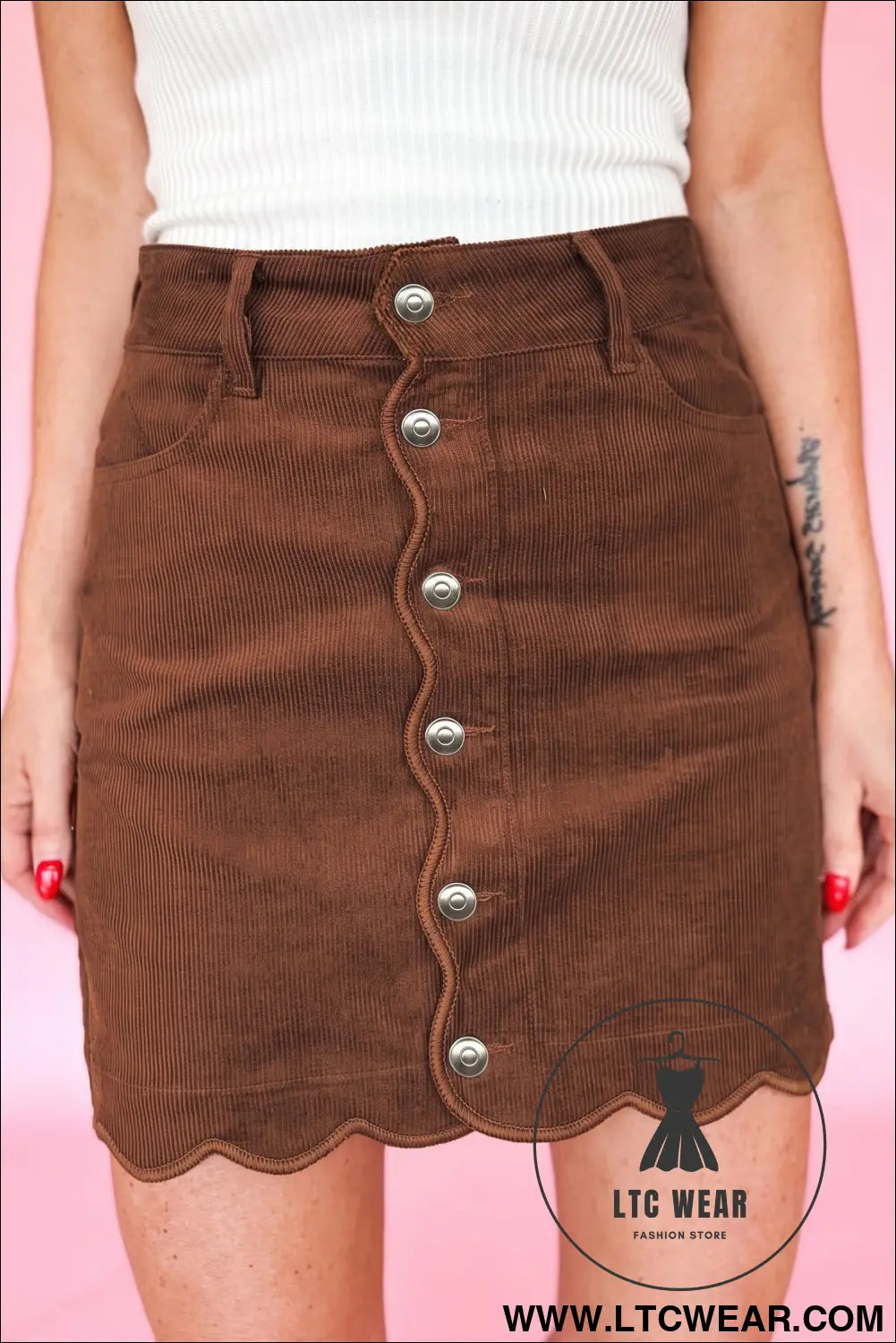 Coffee Button Front Corduroy Mini Pockets Sheath Silhouette Skirt